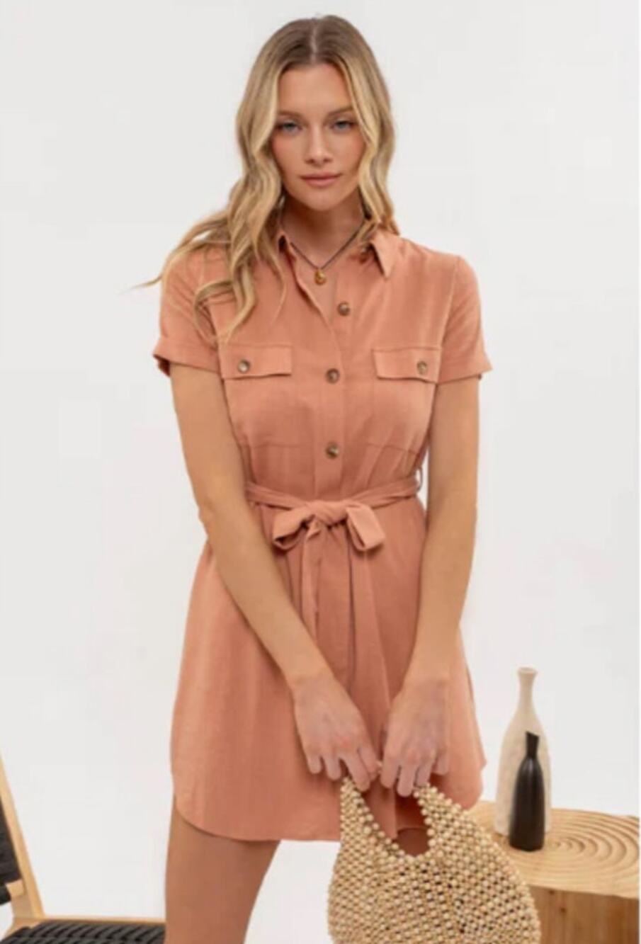 NEW Blu Pepper Dress Linen Blend Utility Button Down Pockets in Sienna Large